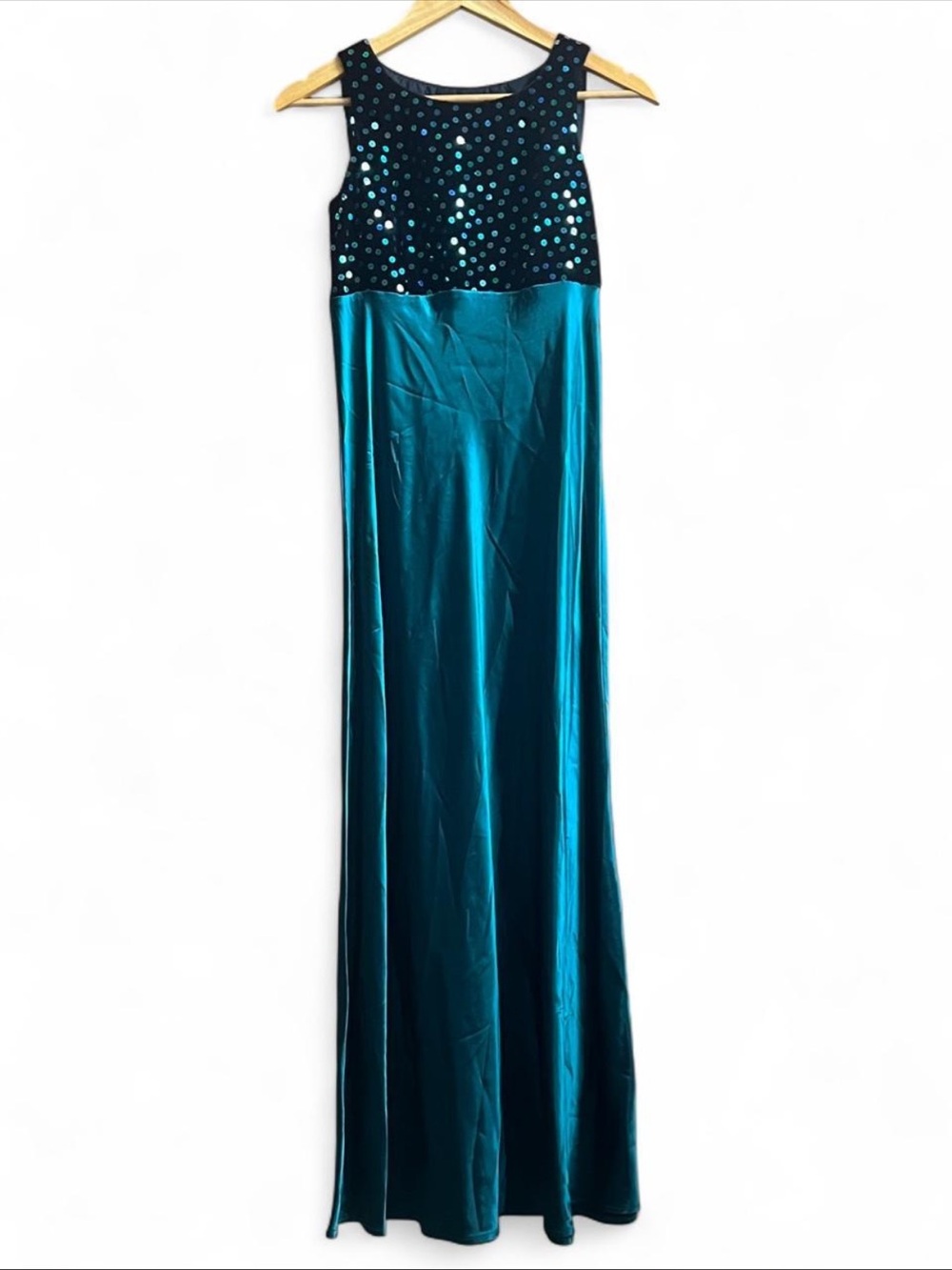 Vintage made in USA y2k “All That Jazz” emerald/teal slip mixed media satin maxi